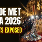 Met Gala 2026 red carpet celebrities in luxury couture outfits with paparazzi flashes showcasing costume art theme fashion event