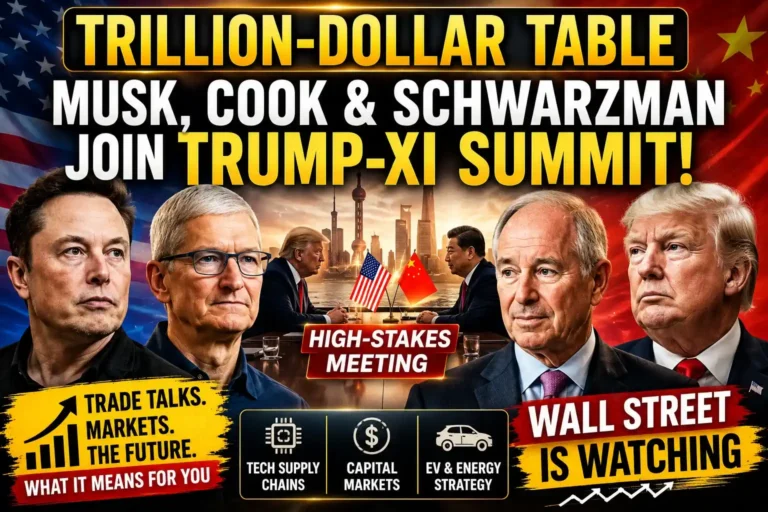 Elon Musk, Tim Cook, Stephen Schwarzman and Donald Trump featured in a high-stakes US-China summit thumbnail focused on Wall Street, trade talks, and billionaire diplomacy.