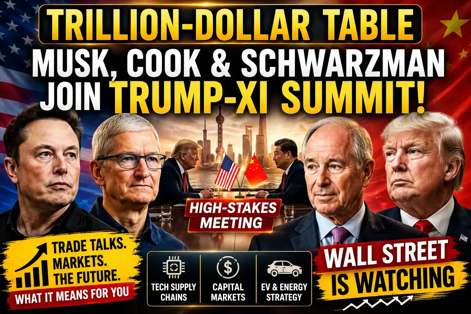 Elon Musk, Tim Cook, Stephen Schwarzman and Donald Trump featured in a high-stakes US-China summit thumbnail focused on Wall Street, trade talks, and billionaire diplomacy.
