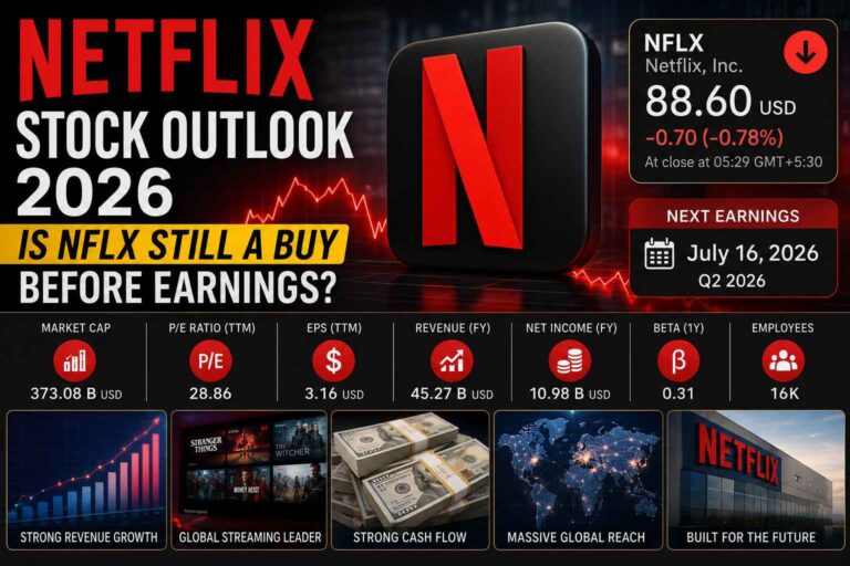 Netflix stock outlook 2026 showing NFLX share price, earnings date, revenue growth, market capitalization, profit metrics and investor analysis before Q2 earnings.