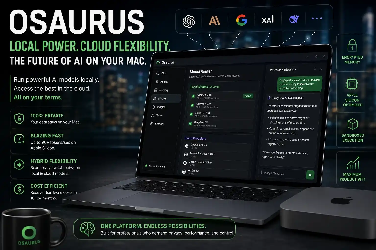 Osaurus AI running local and cloud models on Apple Silicon Mac with hybrid AI workflow and encrypted private infrastructure