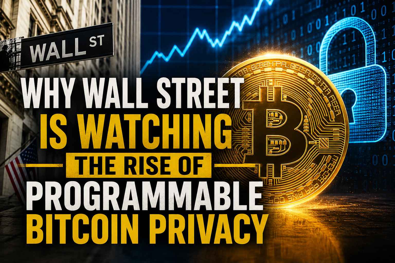 Wall Street and Bitcoin illustration representing the rise of programmable Bitcoin privacy and institutional crypto finance adoption