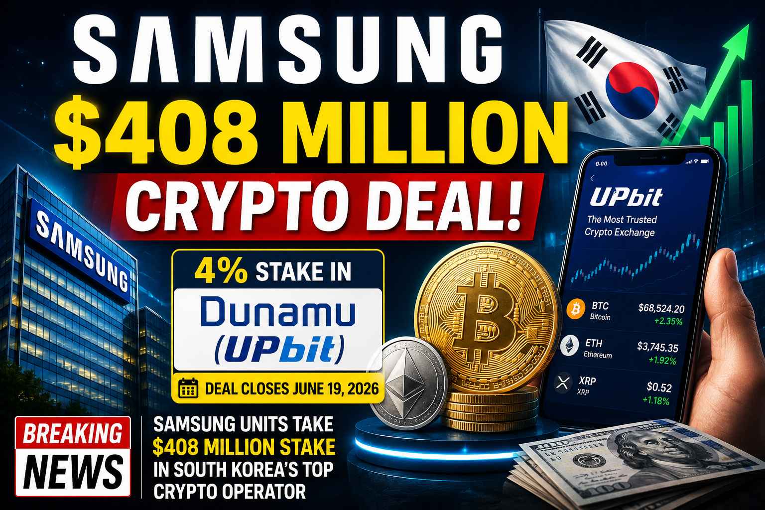 Samsung affiliates acquire $408 million stake in Upbit operator Dunamu as crypto and blockchain adoption accelerates in South Korea