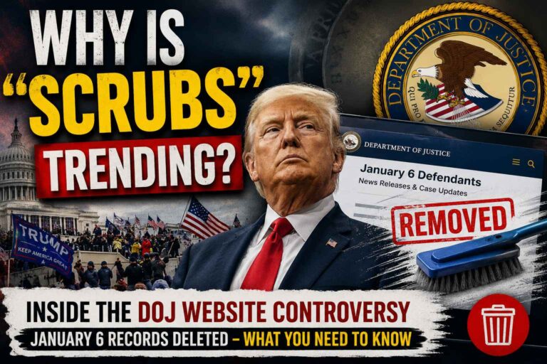 Scrubs trending on Google after the U.S. Department of Justice removed January 6 related records and prosecution webpages from its website.