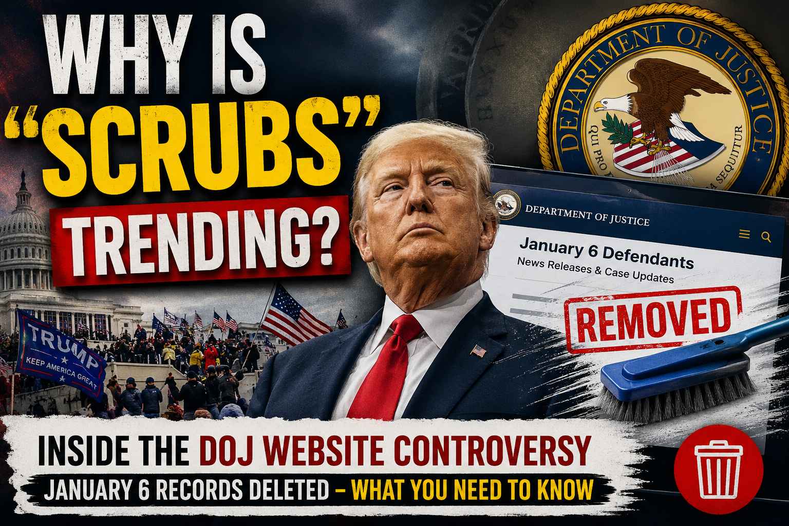 Scrubs trending on Google after the U.S. Department of Justice removed January 6 related records and prosecution webpages from its website.