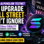 Solana Alpenglow Testnet upgrade thumbnail showing Wall Street financial theme, SOL coin, 150ms finality, institutional adoption, Firedancer integration, and 2026 blockchain infrastructure growth.