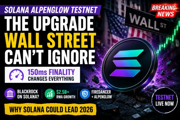 Solana Alpenglow Testnet upgrade thumbnail showing Wall Street financial theme, SOL coin, 150ms finality, institutional adoption, Firedancer integration, and 2026 blockchain infrastructure growth.