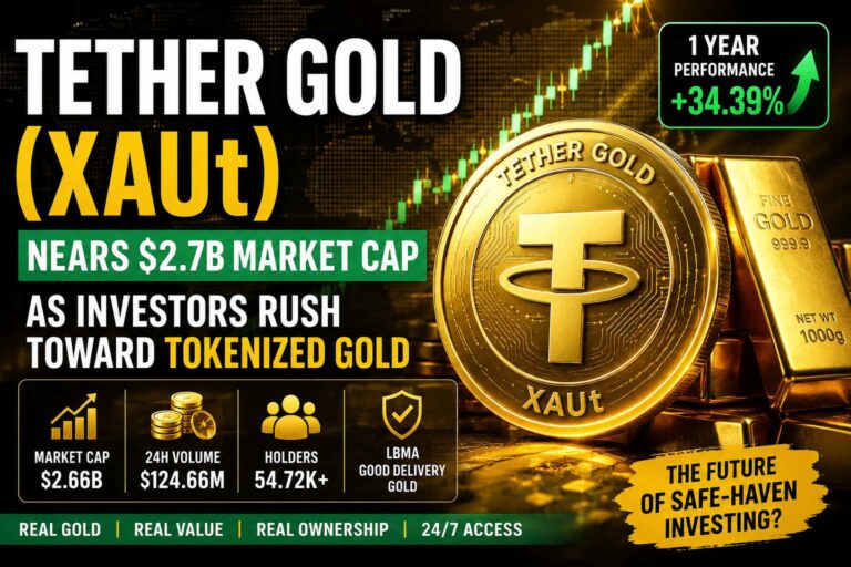 Tether Gold (XAUt) tokenized gold cryptocurrency showing a $2.66 billion market cap, over 54,000 holders and strong investor demand for blockchain-based gold assets.