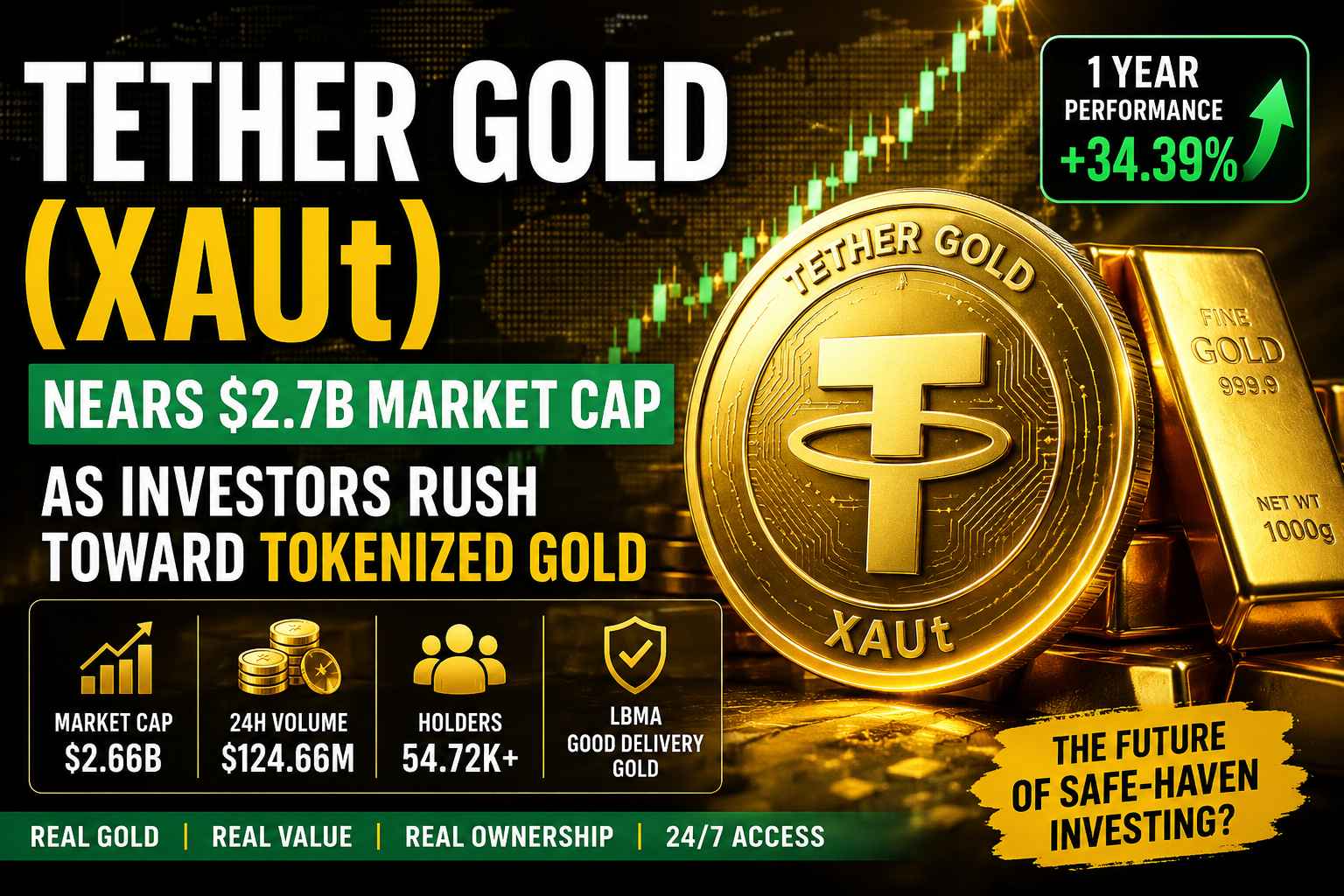 Tether Gold (XAUt) tokenized gold cryptocurrency showing a $2.66 billion market cap, over 54,000 holders and strong investor demand for blockchain-based gold assets.