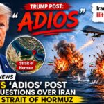 Donald Trump alongside a dramatic image depicting a drone strike on an Iranian vessel near the Strait of Hormuz, highlighting renewed discussion around U.S.-Iran tensions and regional security.