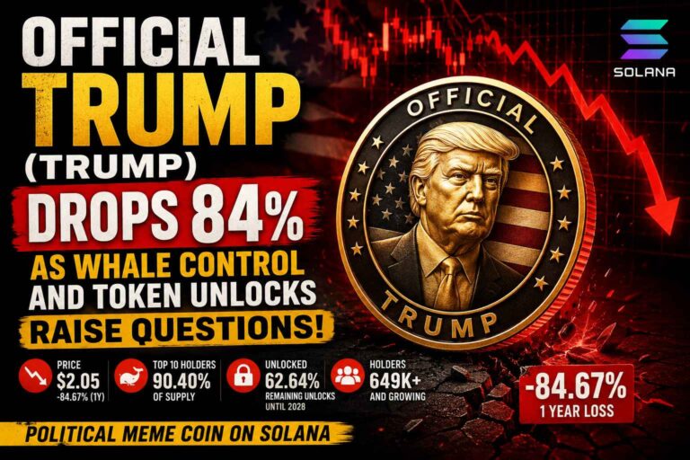 OFFICIAL TRUMP (TRUMP) token showing an 84 percent yearly decline alongside whale ownership concentration, token unlock schedule and Solana meme coin market analysis.