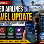 United Airlines travel update showing flight status tracking, airport departure board, travel delays, customer support options and summer travel surge information.