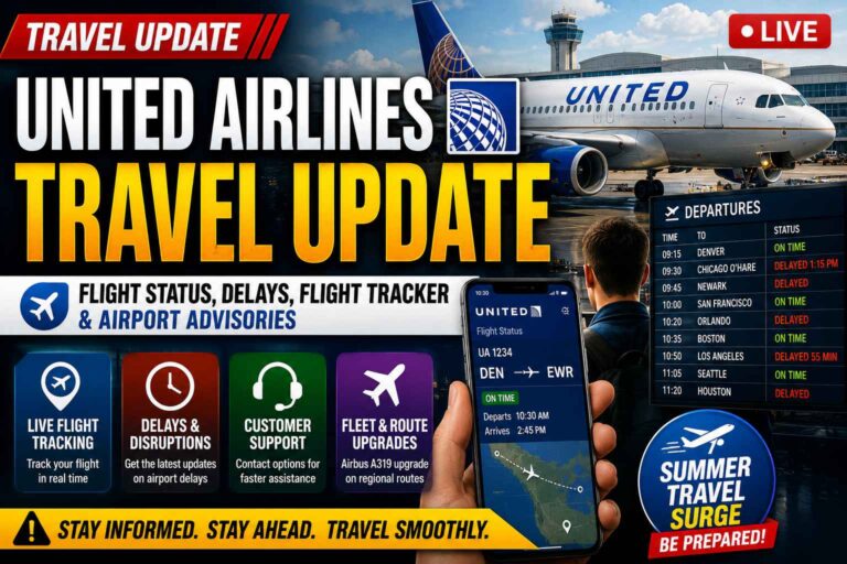 United Airlines travel update showing flight status tracking, airport departure board, travel delays, customer support options and summer travel surge information.