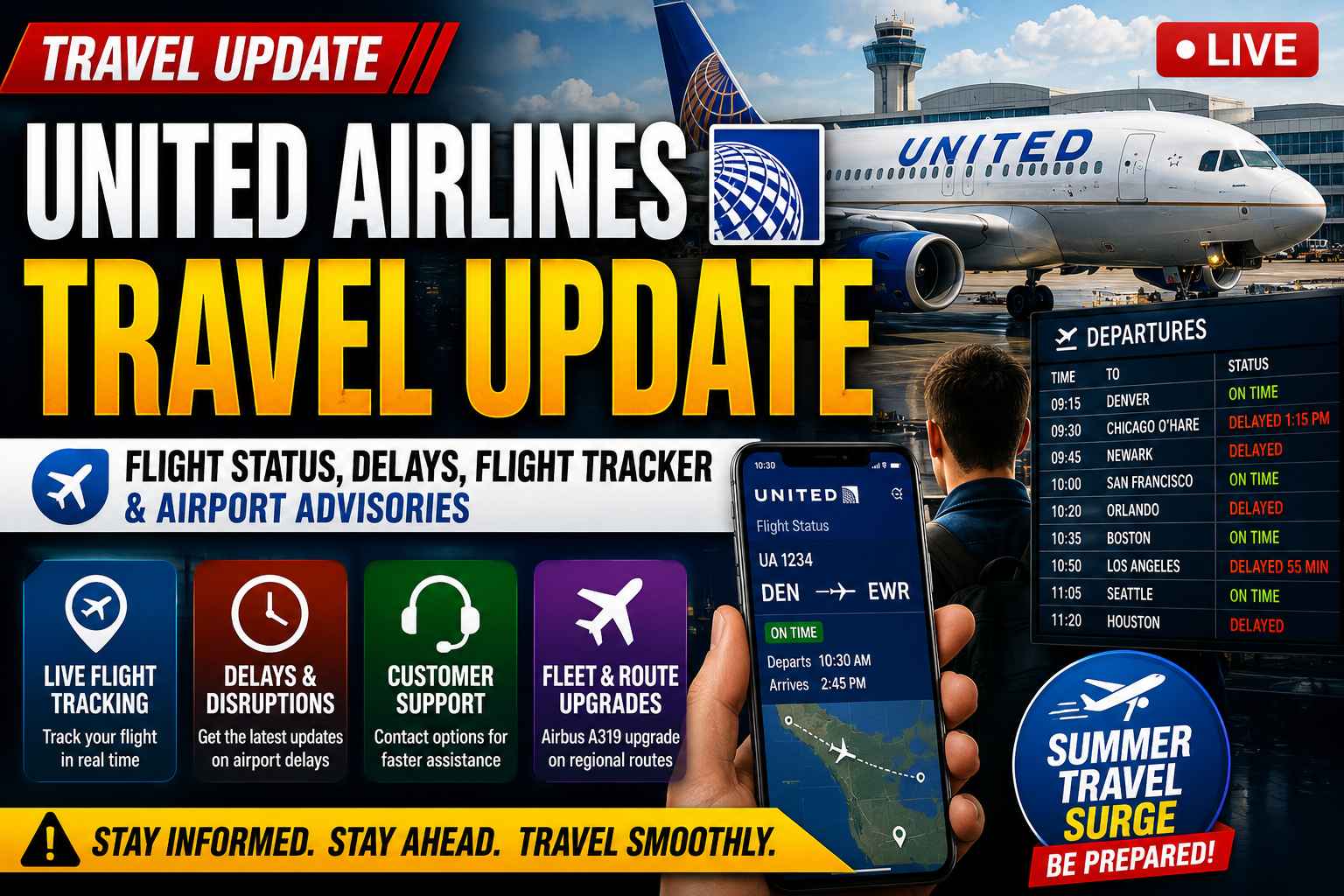 United Airlines travel update showing flight status tracking, airport departure board, travel delays, customer support options and summer travel surge information.