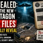 Declassified Pentagon UFO files showing redacted military UAP documents, unidentified flying object imagery, and Pentagon surveillance visuals from the 2026 federal disclosure archive