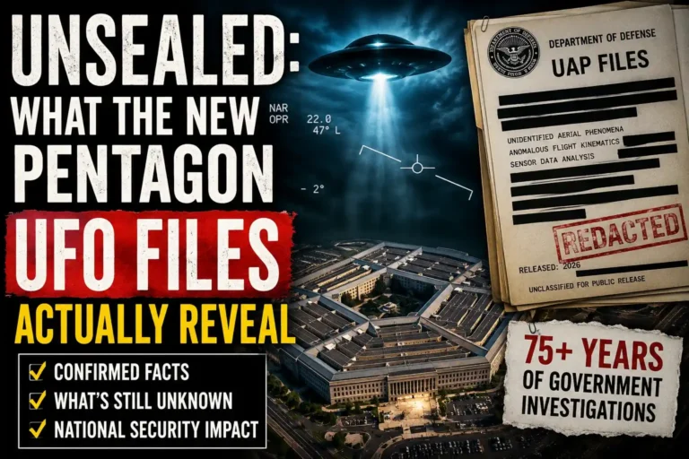 Declassified Pentagon UFO files showing redacted military UAP documents, unidentified flying object imagery, and Pentagon surveillance visuals from the 2026 federal disclosure archive