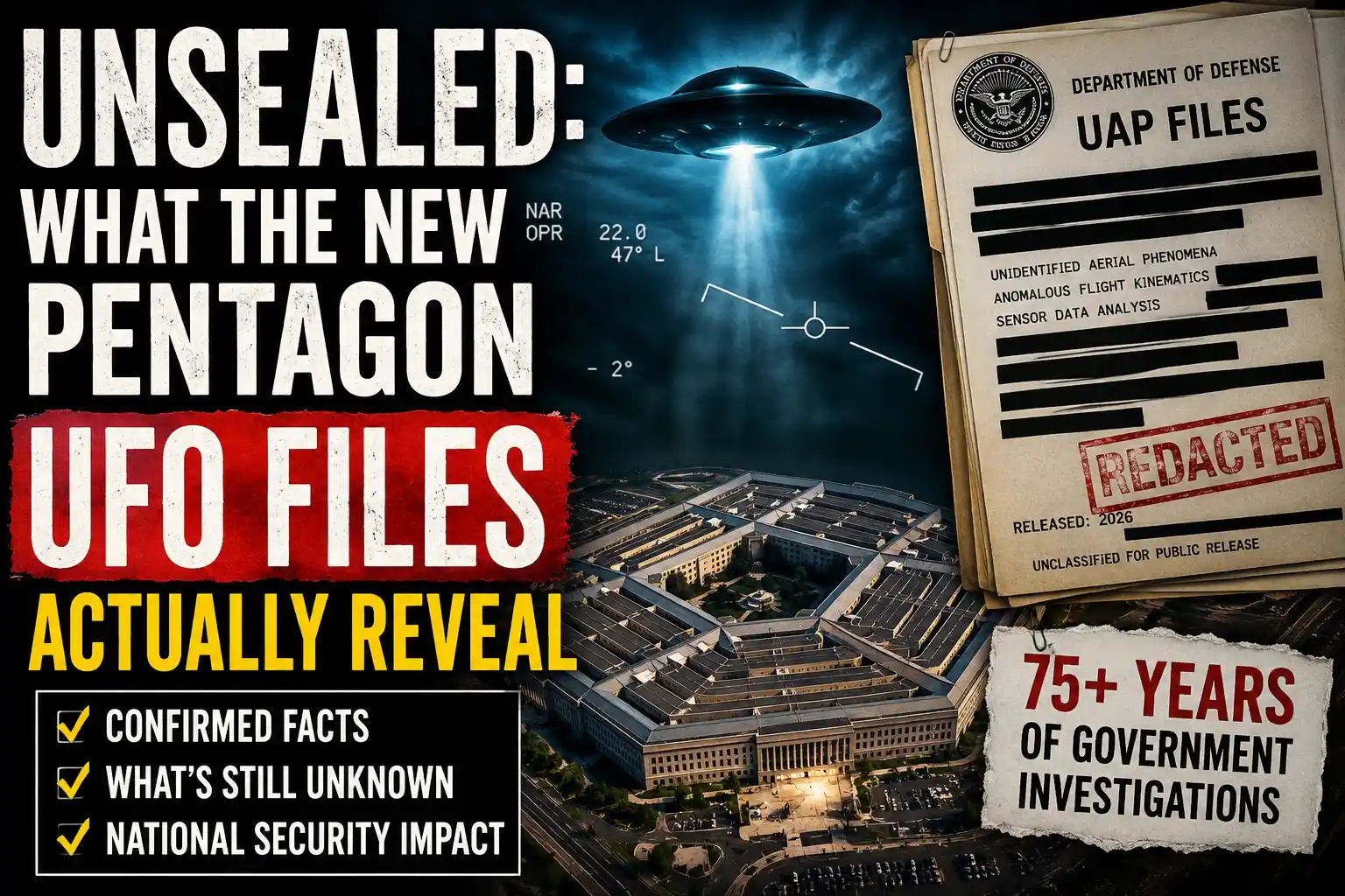 Declassified Pentagon UFO files showing redacted military UAP documents, unidentified flying object imagery, and Pentagon surveillance visuals from the 2026 federal disclosure archive