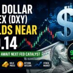 U.S. Dollar Index (DXY) trading near 99.14 with market charts, dollar symbol, Federal Reserve outlook, stock market, gold and Bitcoin analysis.