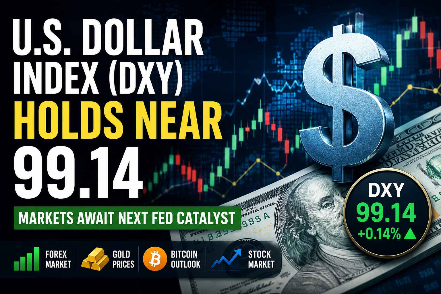 U.S. Dollar Index (DXY) trading near 99.14 with market charts, dollar symbol, Federal Reserve outlook, stock market, gold and Bitcoin analysis.