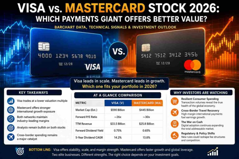 Visa vs Mastercard stock comparison 2026 showing valuation, growth potential, analyst outlook, and Barchart market data analysis.