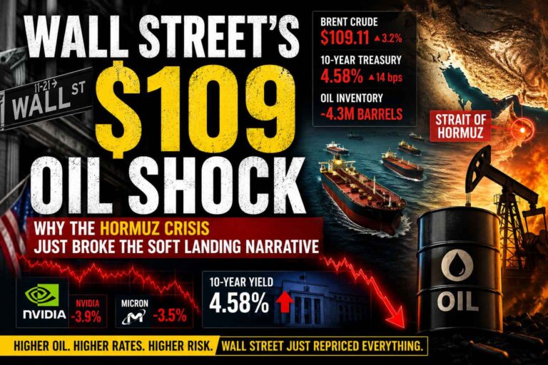 Wall Street oil shock thumbnail showing Brent crude above $109, rising Treasury yields, Strait of Hormuz tensions, oil tankers, and falling technology stocks.