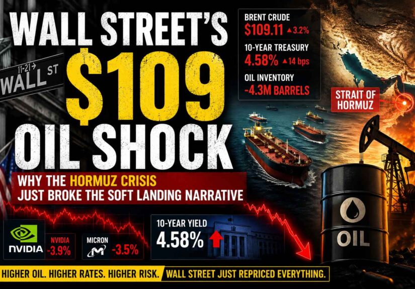 Wall Street oil shock thumbnail showing Brent crude above $109, rising Treasury yields, Strait of Hormuz tensions, oil tankers, and falling technology stocks.