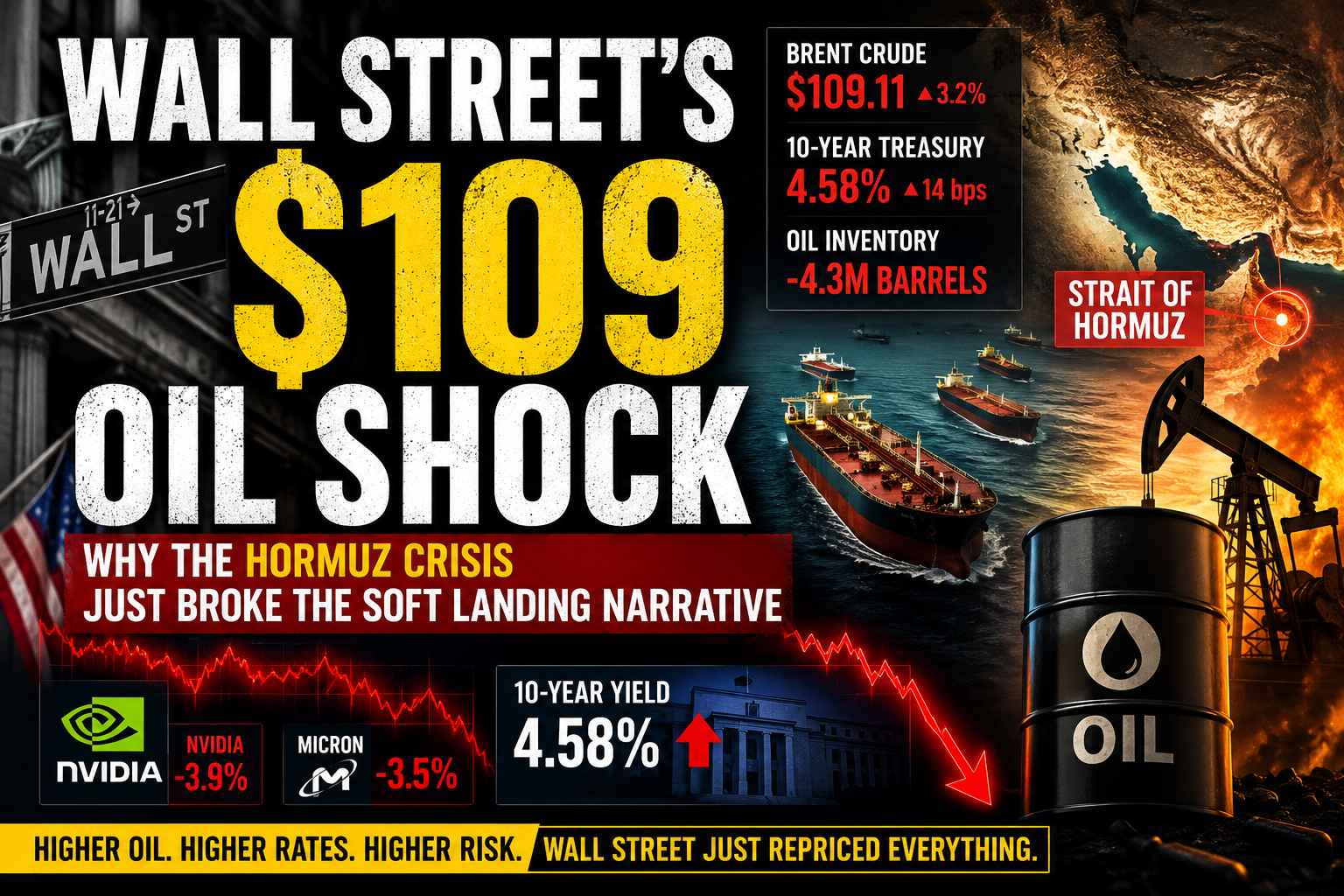 Wall Street oil shock thumbnail showing Brent crude above $109, rising Treasury yields, Strait of Hormuz tensions, oil tankers, and falling technology stocks.