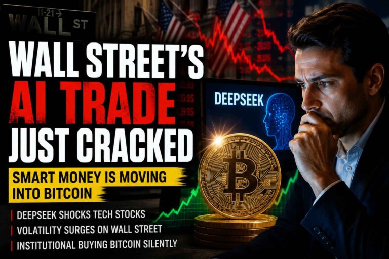 Wall Street investor analyzing Bitcoin ETF inflows during AI stock market volatility and institutional rotation into digital assets.