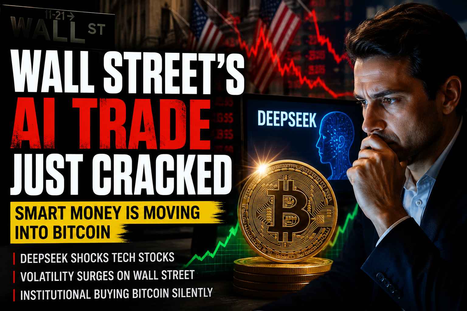 Wall Street investor analyzing Bitcoin ETF inflows during AI stock market volatility and institutional rotation into digital assets.