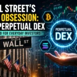 Wall Street traders analyze a futuristic perpetual DEX trading platform as Bitcoin and Ethereum market data appear on a digital finance dashboard in 2026.