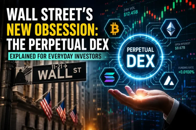 Wall Street traders analyze a futuristic perpetual DEX trading platform as Bitcoin and Ethereum market data appear on a digital finance dashboard in 2026.
