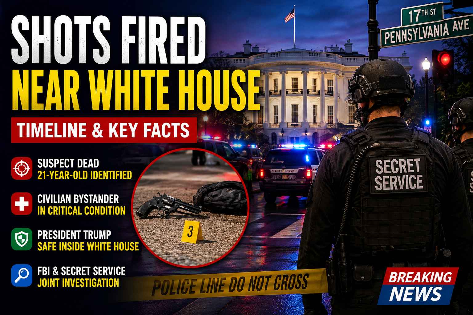 Secret Service officers secure the White House perimeter after a shooting incident near 17th Street and Pennsylvania Avenue in Washington DC.