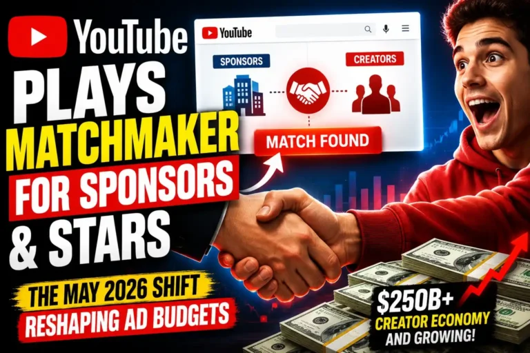 YouTube Plays Matchmaker Sponsors Stars thumbnail showing creators, sponsors, YouTube branding, creator economy growth, and ad budget shift in May 2026