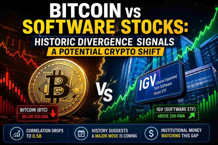 Bitcoin vs Software Stocks historic divergence showing potential crypto market shift and institutional analysis