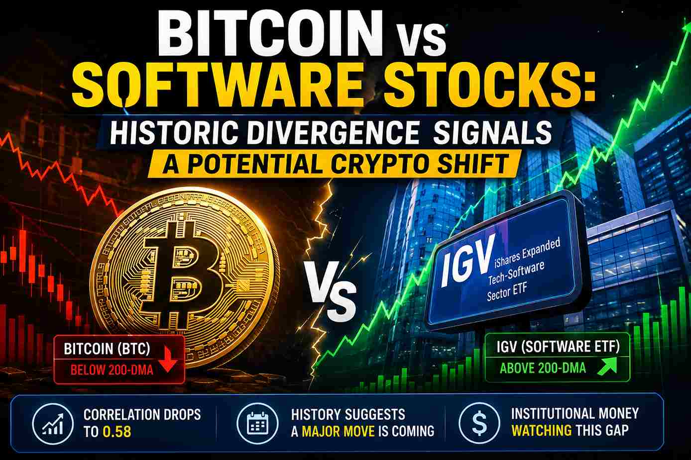 Bitcoin vs Software Stocks historic divergence showing potential crypto market shift and institutional analysis